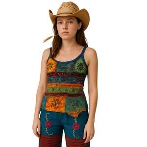 KPC 100% Cotton Embroidered 90's Y2K Patchwork Cami, Boho Hippie Free Spirit, L